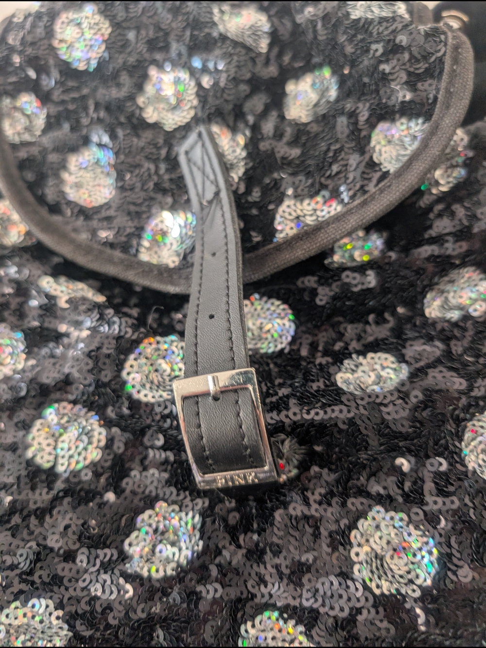 PINK Sequin Polka Dot Backpack in Black & Iridescent - Picture 3 of 11